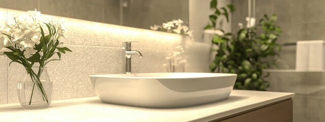 Fototapete - 3D rendering of a modern washbasin in a stylish bathroom