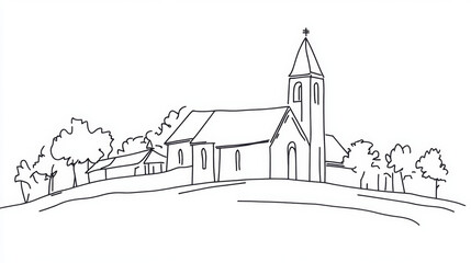 A continuous line drawing of a church, depicting a Christian place of worship in simple line art on a white background. --ar 16:9 --v 6.1 Job ID: caafcf8c-0405-41d3-8f4e-22994e0c7aad