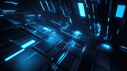 Poster - Abstract dark blue futuristic background featuring ordered luminous rectangles and stripes in a 3D cartoon rendering