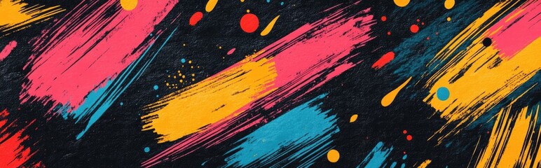 Poster - Black Modern Paintbrush Texture with Hand Drawn Lines Pattern Grunge Paint Roller featuring Summer Colors in a 1960s style Ethnic Pattern 3D Cartoon Rendering of Ink Background