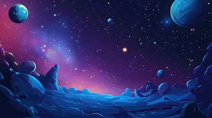 Aufkleber - 2D illustration in a cartoon drawing style featuring 3D cartoon rendering Deep interstellar space with stars planets and moons showcasing various creative science fiction backdrops Imaginary cosmi