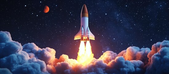 Poster - Space rocket shuttle takes off into a starry sky exploring and settling on the red planet 3D cartoon rendering of a spaceship lifting off with smoke and blast
