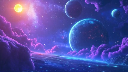 Aufkleber - Galaxy world night background featuring a 3D cartoon rendering showcasing a futuristic planet in a fantasy art style with the sun moon and an abstract blue sky in a cosmic nature scene