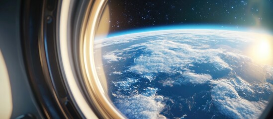 Aufkleber - 3D cartoon depiction of a spaceship soaring close to a stunning blue planet capturing a window view Concept of space travel and tourism with a beautiful perspective of Earth featuring cloud formati