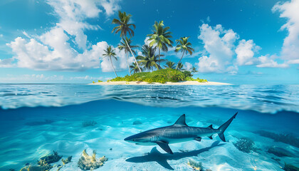 Wall Mural - Tropical maldivian island in daylight with rainbow and Great White Shark underwater