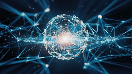 Poster -  Abstract network of interconnected lines and dots on a dark blue background showcasing digital connectivity. 3D rendering.