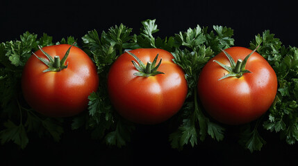 Tomatoes and Parsley,  Vibrant fresh red tomatoes paired with bright green parsley set against a sleek black background, perfect for culinary themes and food styling