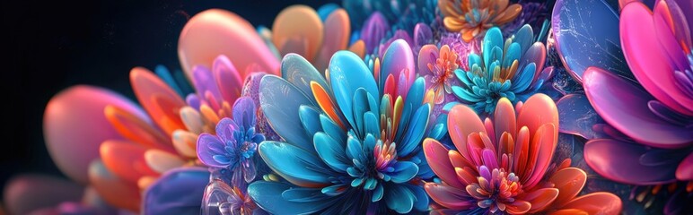 Poster - Colorful floral fractal abstract art featuring a beautiful 3D cartoon rendering This graphic modern art with a digital fantasy effect serves as a trendy desktop wallpaper and is suitable for banne