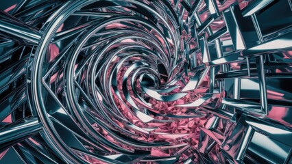Poster - Abstract swirl of colorful luminous particles creating a chrome metal wave with geometric patterns.