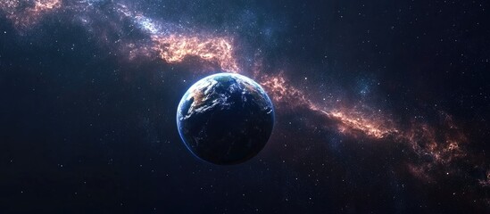 Cartoon rendering in 3D of Planet Earth surrounded by dark outer space nebula and galaxy Milky Way