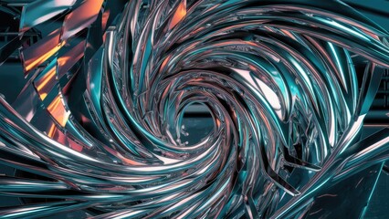 Poster - Abstract swirl of colorful luminous particles creating a chrome metal wave with geometric patterns.