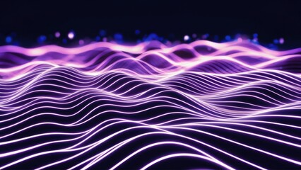 Poster - Abstract wavy light lines pattern in purple and blue, representing technology, machine learning, and neural networks.