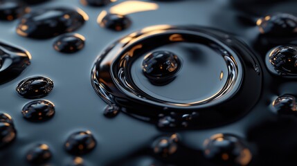 Poster - Chaotic arrangement of circular and oval oil droplets on a water surface creating a dark macro abstract background