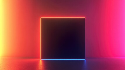 3D rendered illustration of a dark square set against a vibrant gradient background Geometric shape illuminated by intriguing neon lights creating a black hole ambiance effect