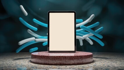 Poster - Blank screen digital tablet on a terrazzo podium with a dark abstract background, showcasing technology concepts. 3D Rendering.