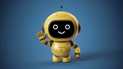 Poster - Cheerful and adorable cartoon yellow robot with a smiling face and waving hand. Friendly customer support chatbot and virtual assistant. 3D illustration set against a blue background.