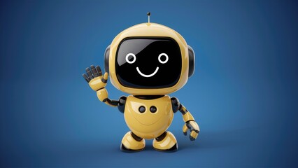 Poster - Cheerful and adorable cartoon yellow robot with a smiling face and waving hand. Friendly customer support chatbot and virtual assistant. 3D illustration set against a blue background.