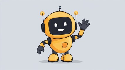 Poster - Cheerful cartoon yellow robot with a smiling face, waving hand. Virtual customer support assistant and chatbot. 3D illustration on a white background.