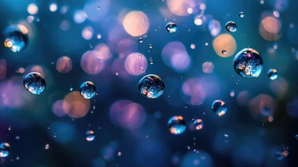 Poster - A backdrop filled with diverse water droplets of varying sizes some round and others elongated from surface tension reflecting the surroundings like miniature lenses