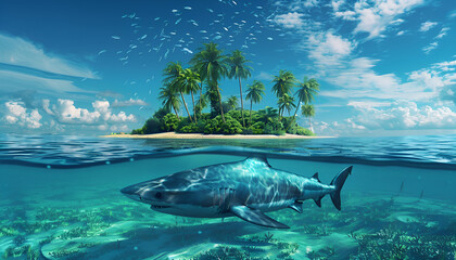 Wall Mural - Tropical maldivian island in daylight with rainbow and Great White Shark underwater