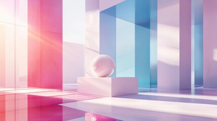 Poster - Abstract architectural interior featuring a white sculpture alongside a geometric gradient glass box 3D illustration and rendering