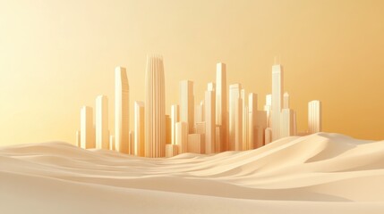 Abstract design featuring a skyline with natural elements including skyscrapers and sand dunes presented in a 3D illustration on a contrasting background