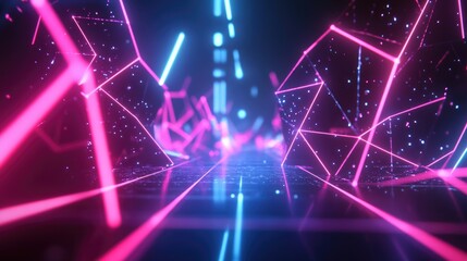 Poster - Abstract geometric neon background in 3D render showcasing future network technology concepts with dynamic glowing lines in a dark setting Ideal for modern wallpaper use