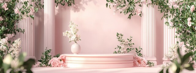 Poster - 3D render of an elegant cosmetic display stand featuring a pink podium adorned with a Roman and floral design set against a cosmetic themed background