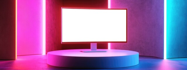 Poster - 3D rendering of a white desktop monitor displayed on a neon cylindrical podium