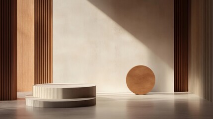 Poster - 3D rendering of a studio featuring geometric shapes and a podium on the floor designed as platforms for product display