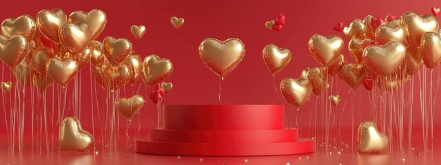 Poster - 3D abstract love themed background featuring a red podium surrounded by golden heart shaped balloons Minimalistic display in red and gold tones suitable for various celebrations 3D illustration