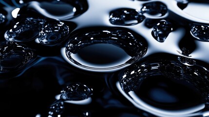 Poster - Chaotic arrangement of circular and oval oil droplets on a water surface creating a dark macro abstract background