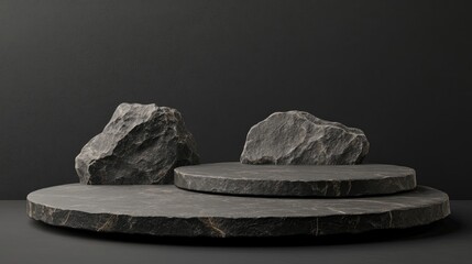 Leinwandbilder - 3D rendered illustration of stone and rock shapes Round podium and pedestal for product display Solid dark black color Mockup template for advertising design
