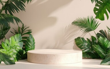 Poster - 3D podium background in geometric beige with green plant leaves Template for product display and packaging design mockup