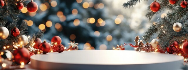 Aufkleber - 3D rendering of a festive Christmas and New Year scene featuring an empty podium and holiday decorations