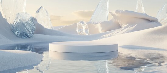 Poster - 3D rendering of a surreal landscape featuring a round podium in water and white sand set against a backdrop of abstract glass shapes and objects This image evokes a fantasy world with a futuristic