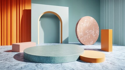 Poster - 3D rendering of a studio featuring geometric shapes and a podium on the floor designed as platforms for product display