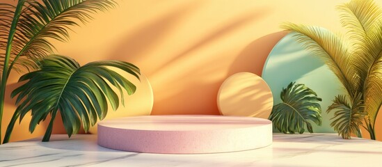 Poster - 3D podium featuring ample space for product display against an abstract tropical background emphasizing summer and vacation themes in graphic art design