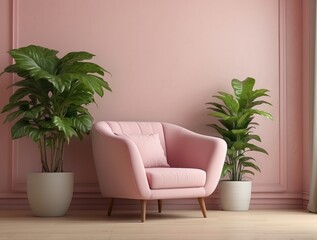 Wall Mural - Pink armchair with plants in a minimalist living room