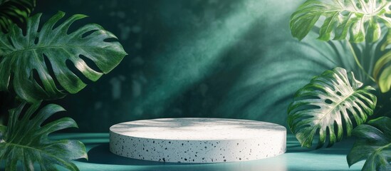 Poster - 3D render of an abstract podium display featuring terrazzo and Monstera leaves Concept for product promotion and advertising with a green natural backdrop
