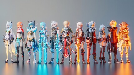 30 Digital pixel characters flat design side view anime fantasy theme 3D render Split-complementary color scheme