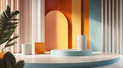 Poster - 3D rendering of a studio featuring geometric shapes and a podium on the floor designed as platforms for product display