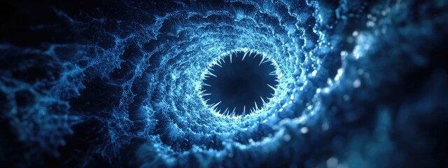 Fototapete - 3D rendering of an abstract blue round fractal portal with spikes featuring a round spiral against a dark isolated background