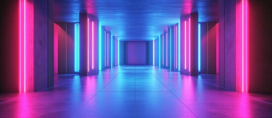 Aufkleber - 3D rendering of an abstract background featuring blue pink and violet neon colors illuminated by ultraviolet light showcasing an empty night club interior with a tunnel or corridor and glowing pane