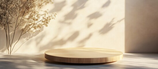 Aufkleber - 3D backdrop featuring a wooden podium display Natural beige banner with shadows Product showcase for beauty cosmetics on a nature inspired wooden stand Empty studio setting in a minimal 3D render