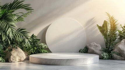 Poster - 3D rendering illustration of a blank podium display for product mockup against a natural backdrop