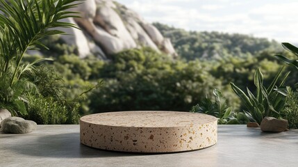 Poster - 3D rendering of a brown terrazzo podium mockup in a landscape setting with gobo lighting in the background