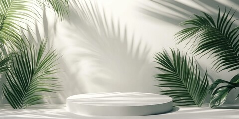 Poster - 3D podium on a white background featuring palm leaves designed for summer beauty product promotion Natural 3D rendering with ample copy space in a minimalist trendy style