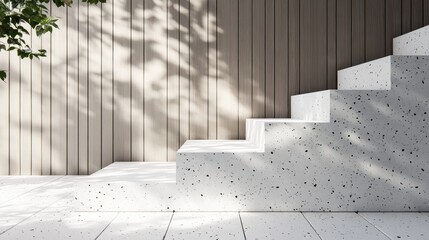 Aufkleber - 3D rendered background featuring white terrazzo steps adjacent to a wooden surface