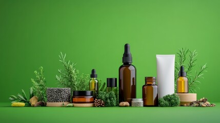 A beautiful arrangement of natural skincare products on a vibrant green background, showcasing organic ingredients and eco-friendly packaging.